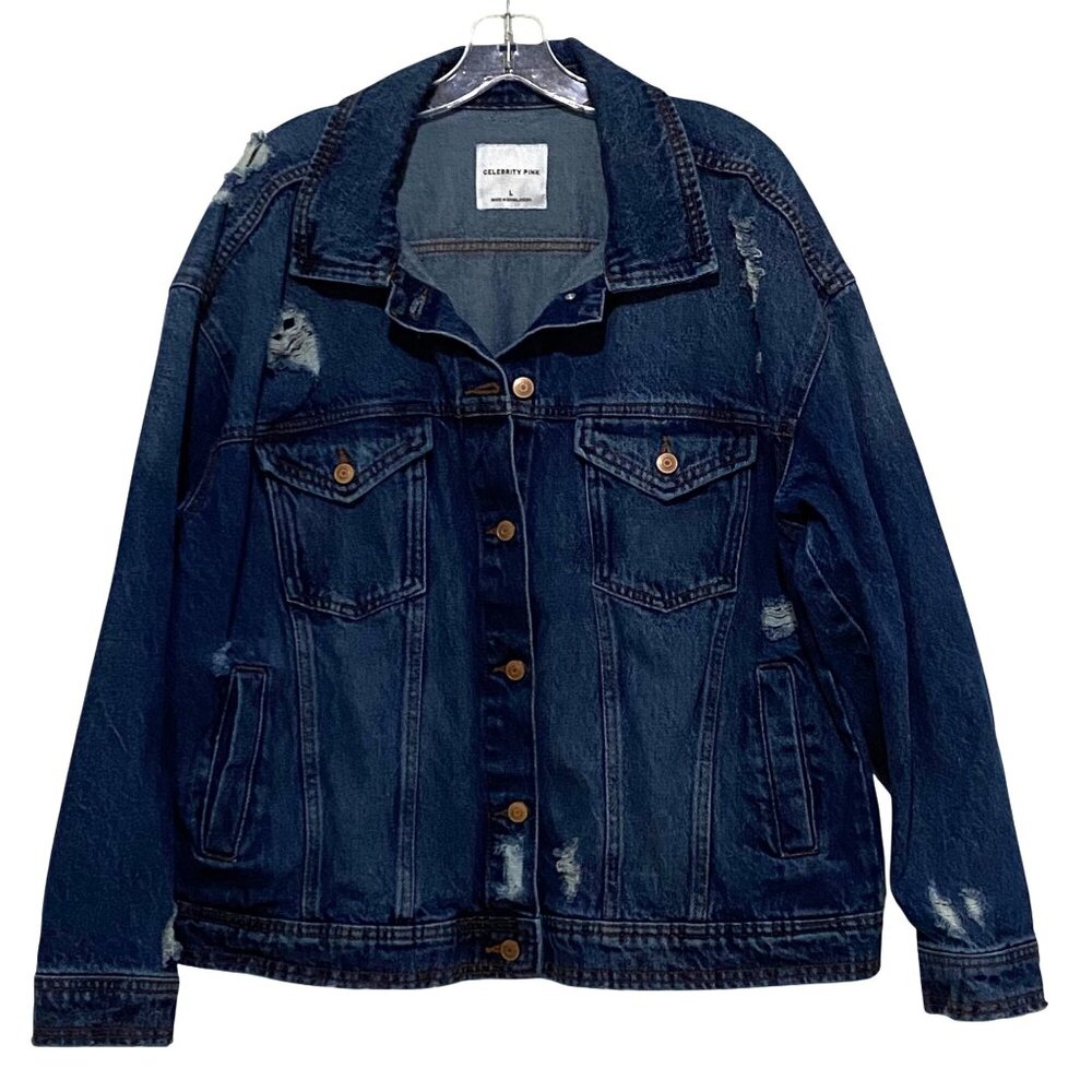 Womens Distressed‎ Jean Jacket L Dark Blue Wash Boho Hippie Western Grunge Denim